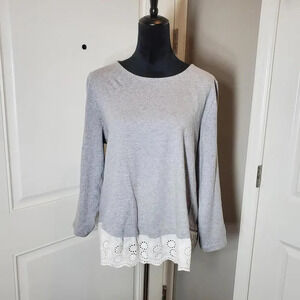 J. by J.CREW Women's Eyelet Lace Hem Gray and White Long Sleeve Top Size XL